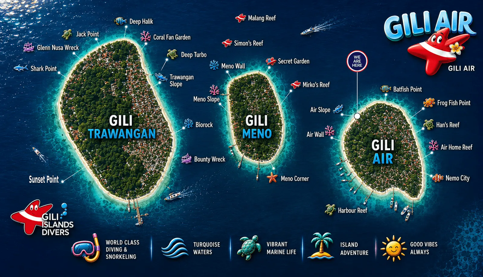 Map of dive sites around Gili Air, Gili Meno and Gili Trawangan
