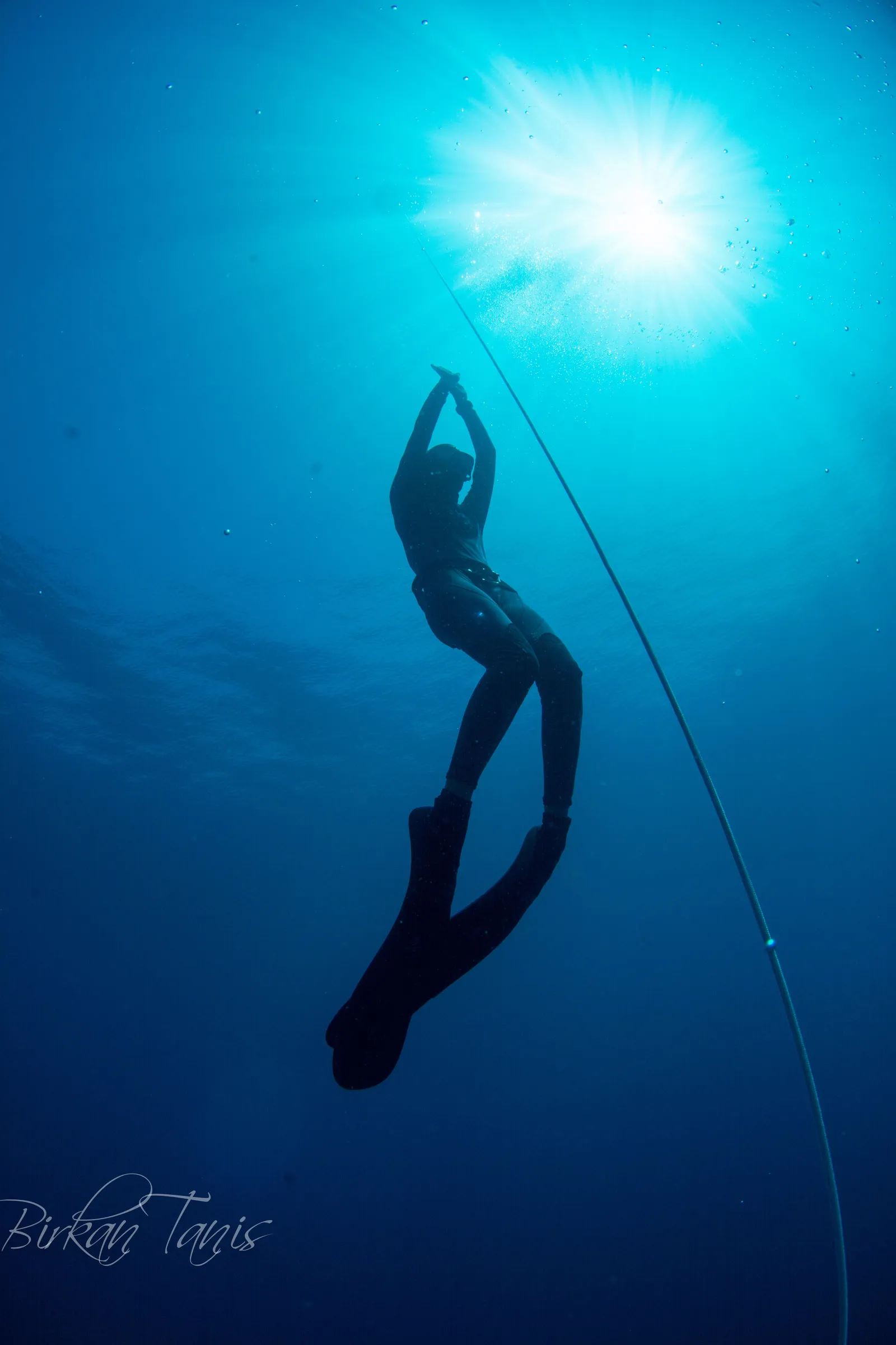 Freediver ascending the line