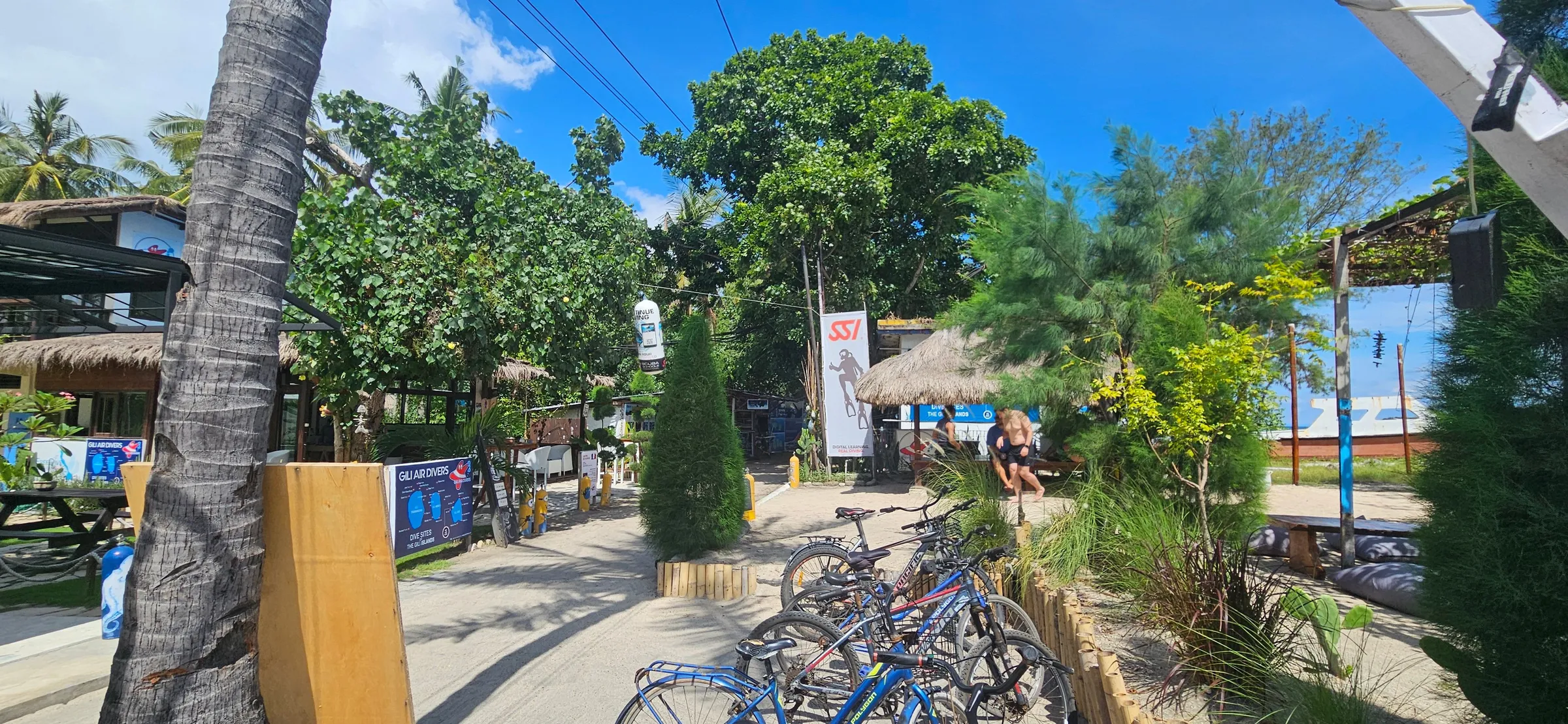 Outdoor seating near the dive shop