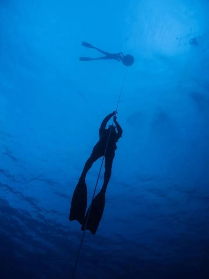 Freediver descending the line