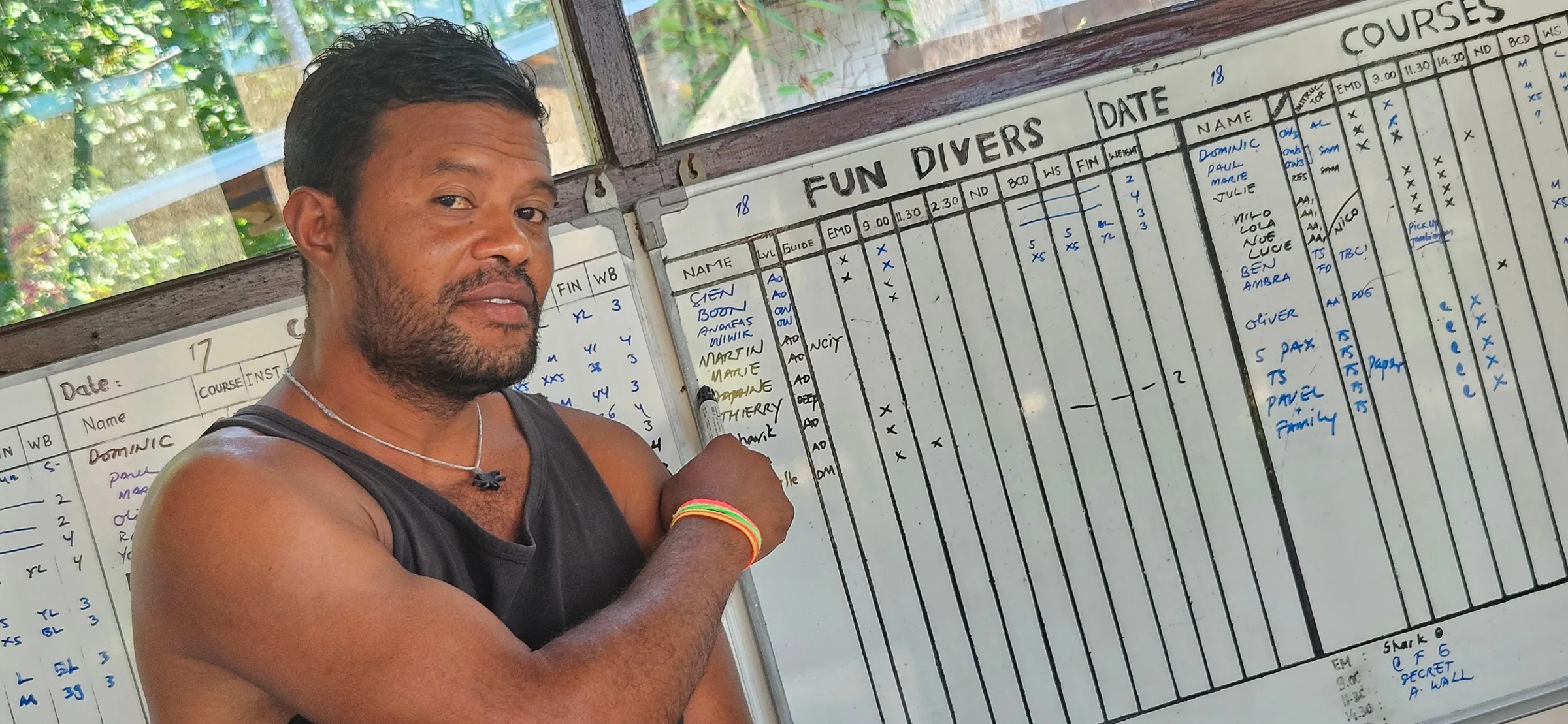 Staff member by the Fun Divers board