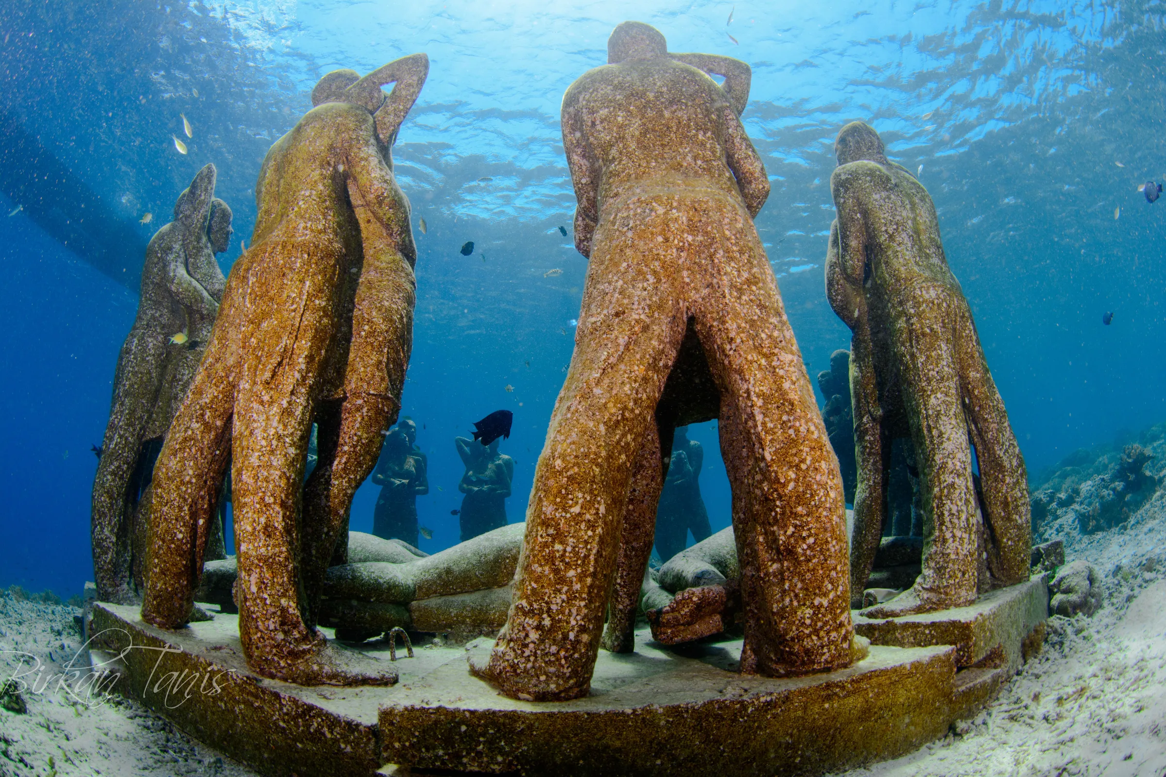 Statues holding hands underwater